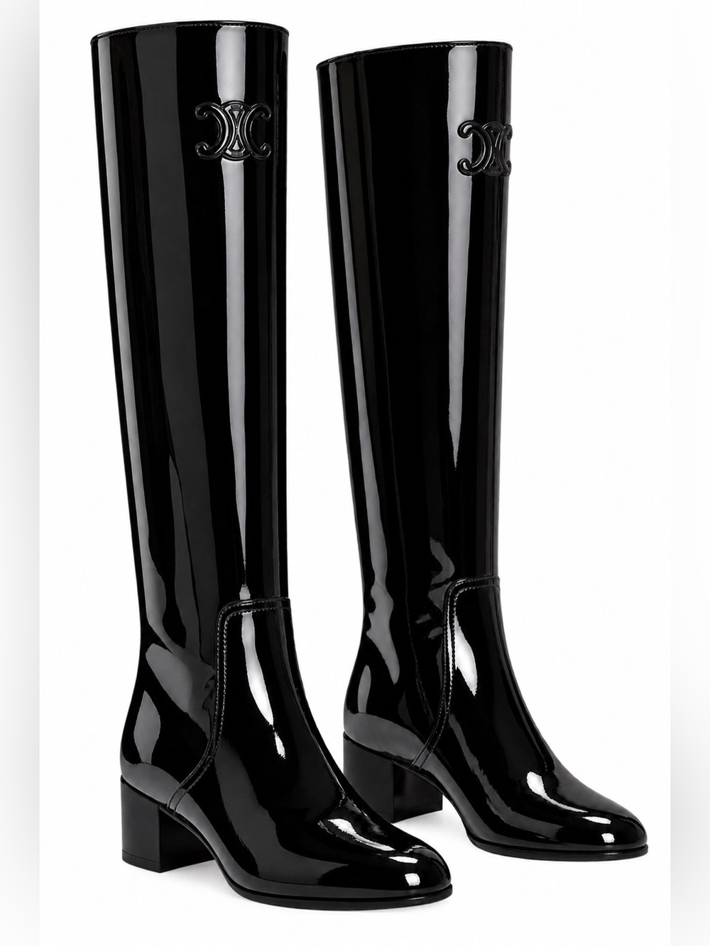 CELINE Triomphe High Boots Black Patent Calfskin Knee High Boots Size 39 NEW